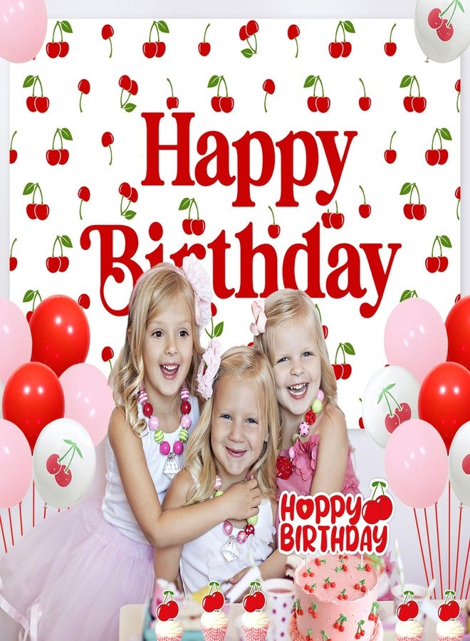 Merrystorm ٤٤ قطعة من زينة حفلات أعياد الميلاد بطابع الكرز، خلفية عيد ميلاد سعيد، لافتة عيد ميلاد سعيد بالكرز، زينة كب كيك بالكرز، بالونات لاتكس بيضاء وحمراء، مستلزمات تزيين حفلات أعياد الميلاد الأولى والثانية والثالثة للبنات - Image 3